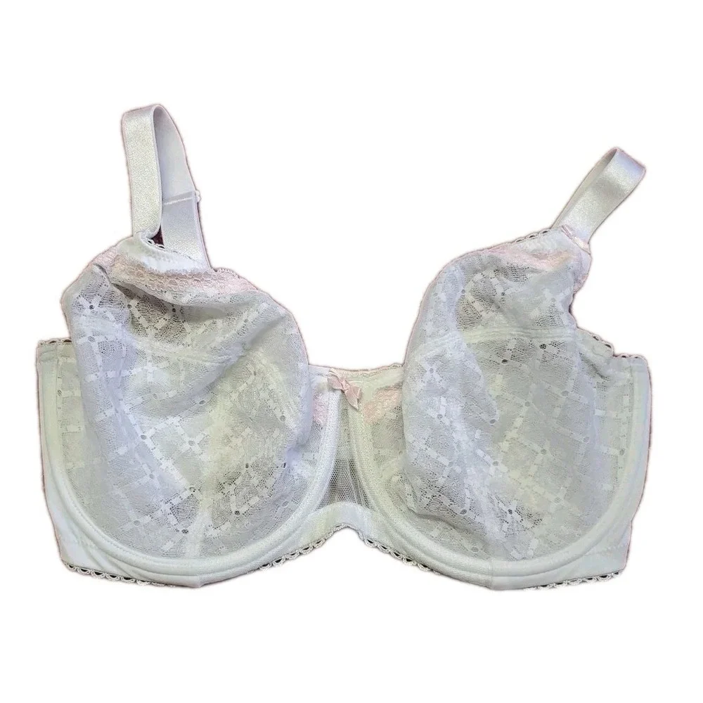 Glamorise Bra Size 34G Wonderwire Sheer Sexy White with Pink Lace Style 9845